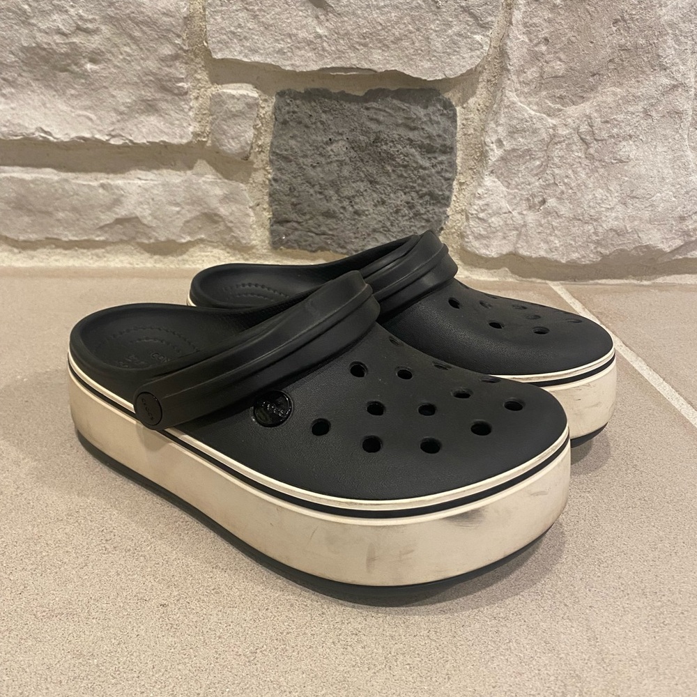 Black and white platform crocs